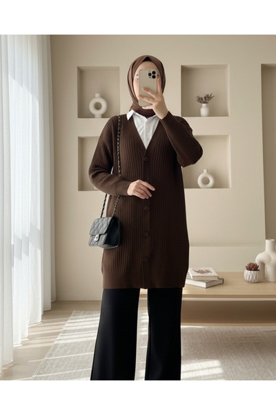 Modamorfo Corded Fabric Button Long Knit Cardigan - Brown