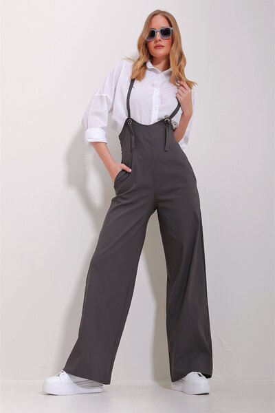 Trend Alaçatı Stili Kadın Antrasit Çift Cepli Askılı Likralı Salopet Tulum AL...