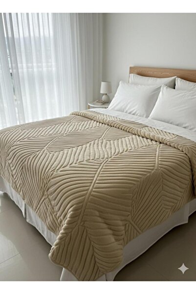 Merinos Elegant Leaf Pattern Vibrant Beige Double Blanket 372371