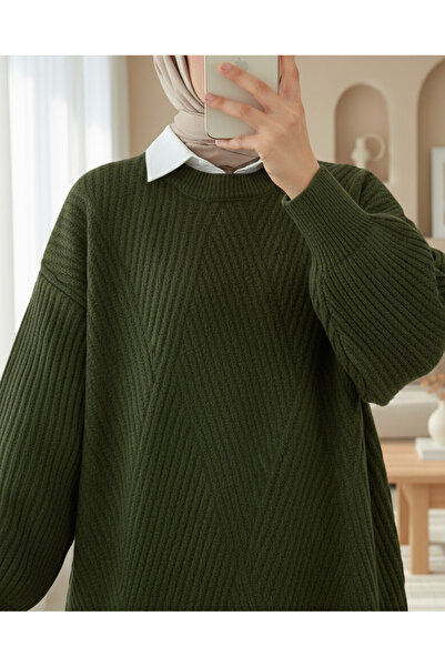 Modamorfo Crew Neck Diamond Pattern Knitwear Sweater - Khaki