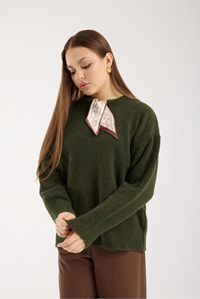 İLKCET MODA Khaki Premium Oversized Women's Sweater with Scarf Detail