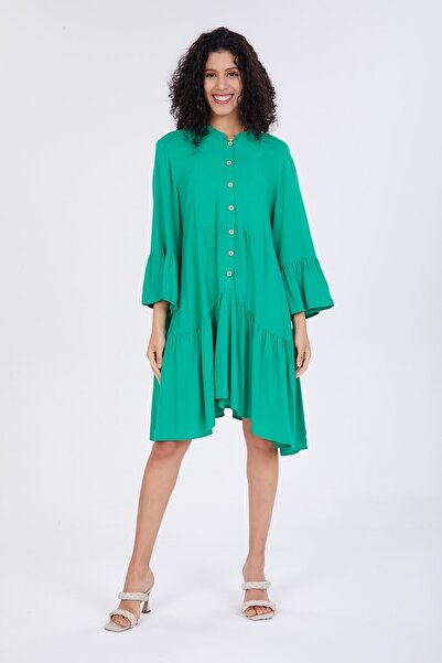 della moor Green Half Buttoned Frilly Loose Dress