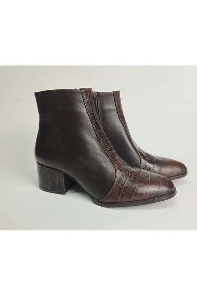 Lucciola Women's Genuine Leather Crocodile Detailed Brown Heeled Boots