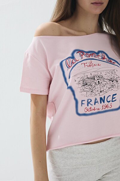 TUBİA Culoare roz pentru femei cu imprimeu Gât barca cu mânecă scurtă tricou