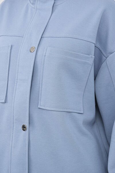 Basicpark Blue Women's Pique Textured Waist Adjustable Oversized Jacket Trousers Set