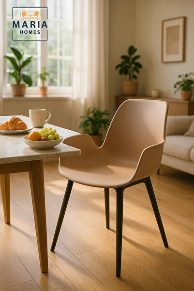MARIA HOMES Beige Plastic Armchair – Modern Curved Seat Chair with Black Legs...