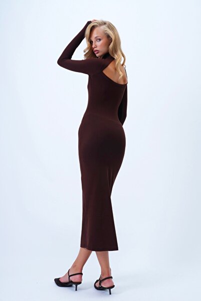 Trend Alaçatı Stili Rochie Sandy de damă, maro amar, cu guler înalt și spate ...