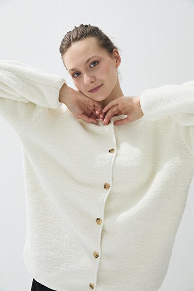 TUBİA Women's Ecru Color Stretchable Long Plush Coat