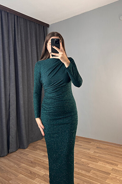 Sorridi Simli Drapeli Arkası Yırtmaçlı Midi Elbise