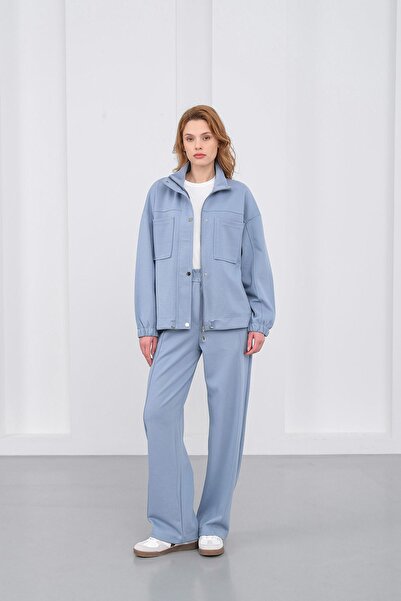 Basicpark Blue Women's Pique Textured Waist Adjustable Oversized Jacket Trousers Set