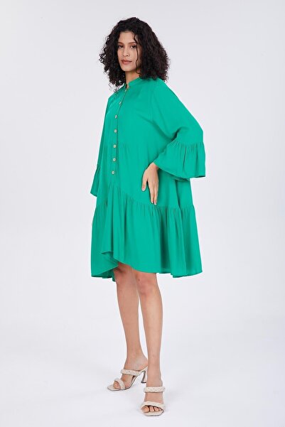 della moor Green Half Buttoned Frilly Loose Dress