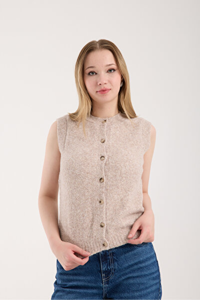 İLKCET MODA Sleeveless Buttoned Beige Thick Knit Cardigan