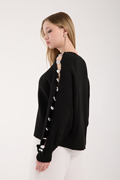 İLKCET MODA Pulover negru supradimensionat pentru femei cu detalii accesorii