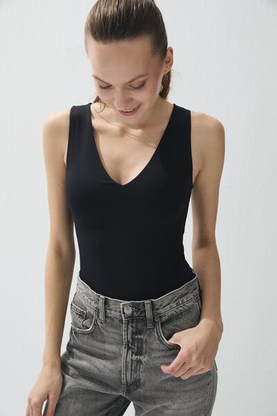 TUBİA Women's Black Color V-Neck Snap Fastener Bodysuit