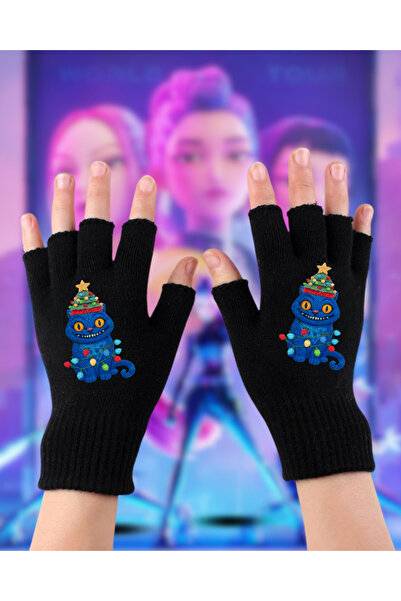 Toum Kpop Demon Hunters Printed Unisex Black Cut Double Gloves