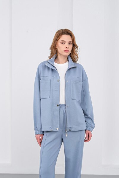 Basicpark Blue Women's Pique Textured Waist Adjustable Oversized Jacket Trousers Set