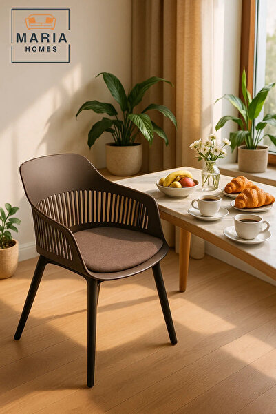 MARIA HOMES Coffee Plastic Armchair with Black Legs Modern Ventilated Backrest Chair Indoor & Outdoor Seating