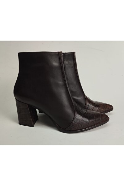 Lucciola Women's Genuine Leather Crocodile Detailed Brown Leather Heeled Boots