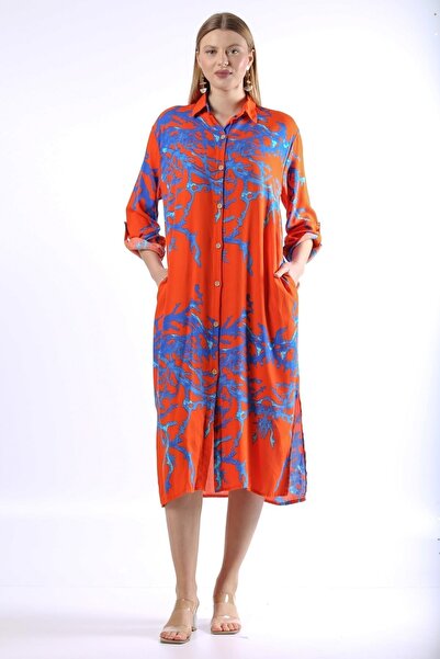 della moor Orange Branch Pattern Slit Casual Shirt Dress
