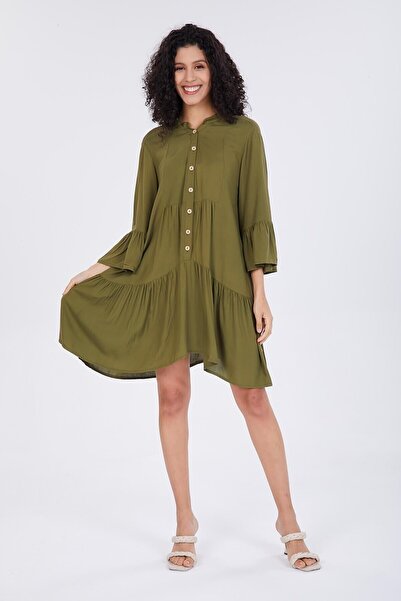 della moor Khaki Half Buttoned Frilly Loose Dress