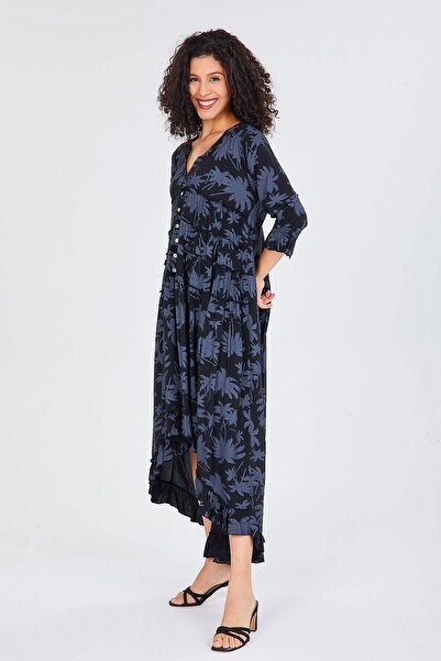 della moor Black Italian V-Neck Leaf Pattern Ruffled Loose Dress
