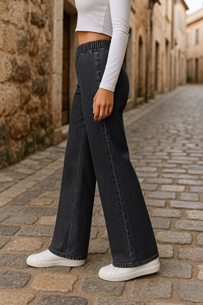 CEDY DENIM - Stretch Fabric Fabric Pocketless Belt with Elastic Waist Palazzo Pants C640-Anthracite