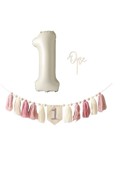 Arelair Magic Box Baby 1 Year Decoration Set, 3 Pieces, Balloon 1, Garland, Topper One, Gift, White and Pink