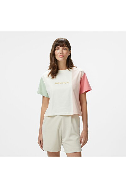 Nautica Women's Pink Regular Fit Color Block T-Shirt