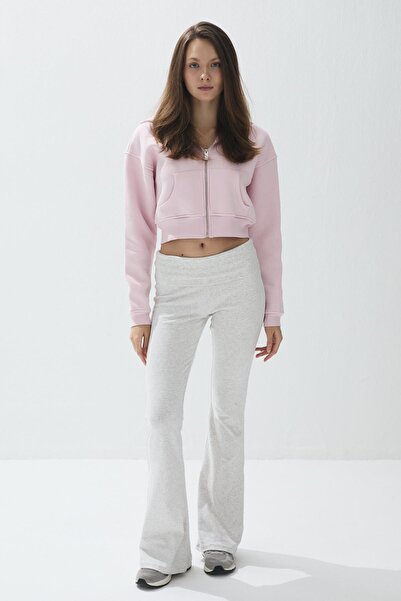 TUBİA Women's Parfait Pink Color Hooded Fleece-Lined Crop Sweatshirt Cardigan