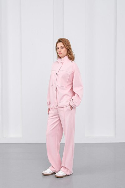 Basicpark Pink Women's Pique Textured Waist Adjustable Oversized Jacket Pants Set