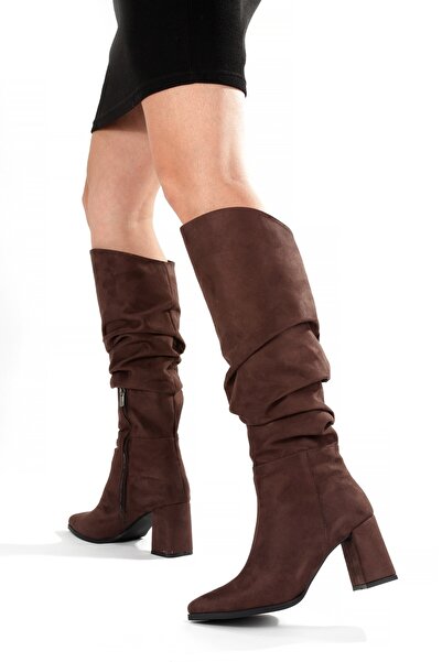 Modabuymus Bitter Brown Suede Thick Heeled Wrinkled Gusseted Women's Boots - Kc