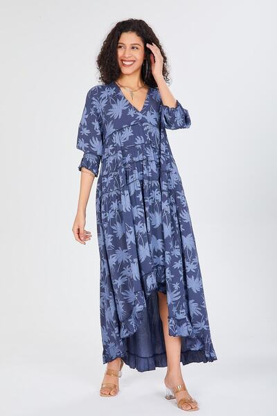 della moor Μπλε ναυτικό ιταλικό φόρεμα με βολάν με σχέδιο φύλλων με λαιμόκοψη σε σχήμα V