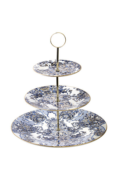 Roberto Cavalli Azulejos Mavi Beyaz Desenli Porselen 3 Katlı Servis Tabağı 32 cm