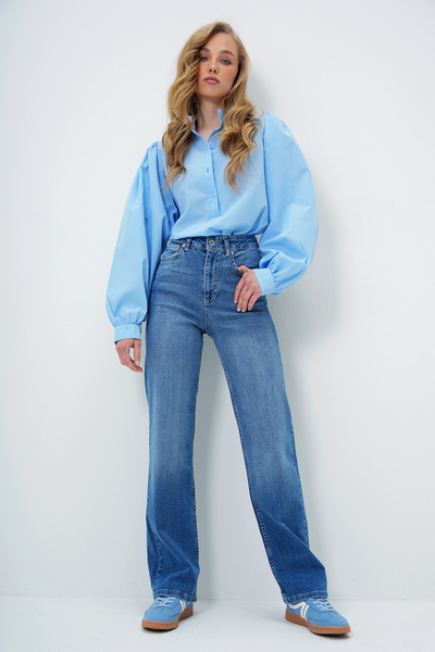 Trend Alaçatı Stili Women's Blue High Waist Lycra Washed Palazzo Jean Pants A...