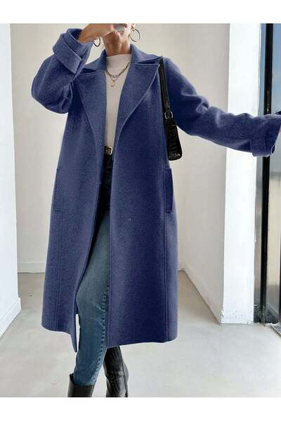 Female Clothing معطف طويل من الفيلكرو مزين بتفاصيل جيوب مبطنة باللون الأزرق ا...