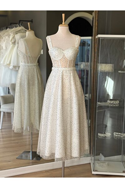 Lenta Wedding Beyaz Boncuklu Dantel Kaplama Midi Boy Abiye Ve Gece Elbisesi