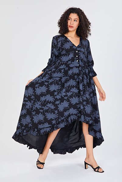della moor Black Italian V-Neck Leaf Pattern Ruffled Loose Dress