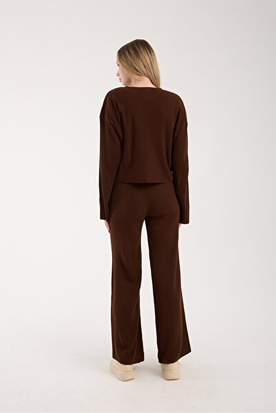 İLKCET MODA Cardigan Pants Coffee Women's Bottom Top Knitwear Set