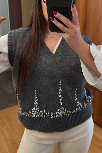 MAGARDE Taşlı V Yaka Süveter- ANTRASİT