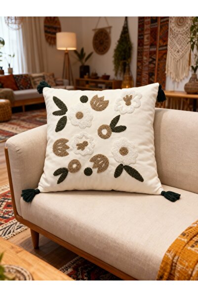 MACASA Husă pentru pernă din material textil alb, 100% bumbac, brodat cu un s...