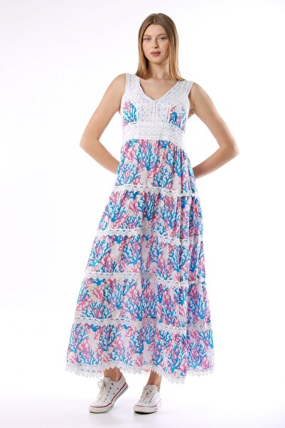 della moor Rochie lungă cu bretele din dantelă cu model de ramuri italiene albastre