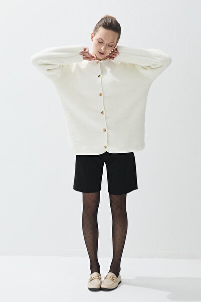 TUBİA Women's Ecru Color Stretchable Long Plush Coat