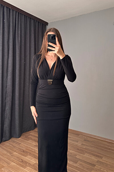 Sorridi Kruvaze Yaka Kemerli Yırtmaçlı Drapeli Elbise