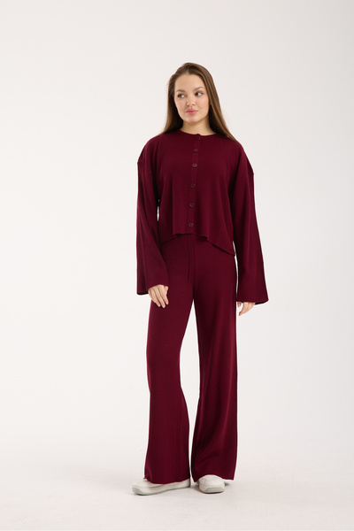 İLKCET MODA Cardigan Pants Burgundy Women's Bottom Top Knitwear Set