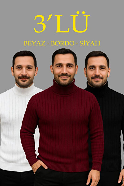 MODA Men's Corded Fabric Knitwear Sweater 3-Piece Set White Claret Red Black Regular Turtleneck Full-Throated Knitwear Set Mod