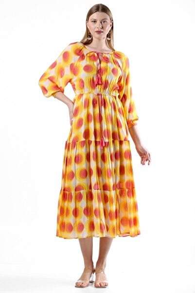 della moor Yellow - Orange Colored Circular Pattern Lined Dress