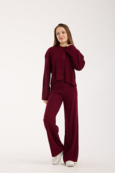 İLKCET MODA Cardigan Pants Burgundy Women's Bottom Top Knitwear Set