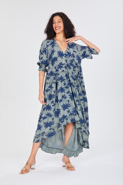 della moor Khaki Italian V-Neck Leaf Pattern Ruffled Loose Dress