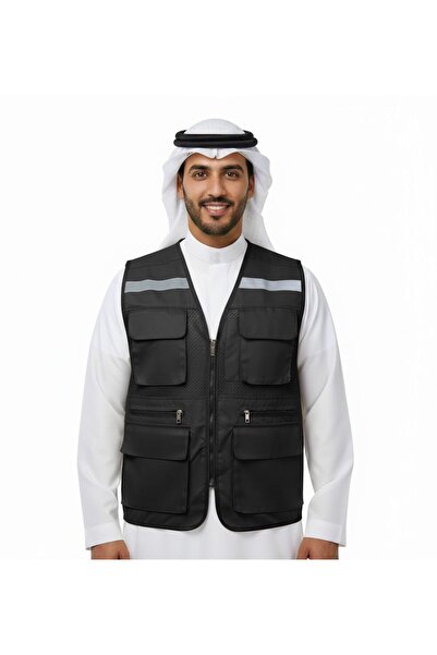 Generic Men's Multi-Pocket Work Vest in Black | Lightweight Mesh Safety Vest with Reflective Strip