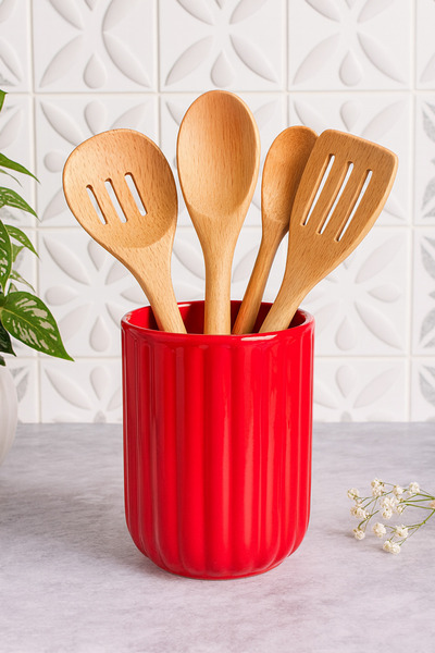 ŞURA MUTFAK Bubble Countertop Upright Spoon Holder Organizer Ceramic Red